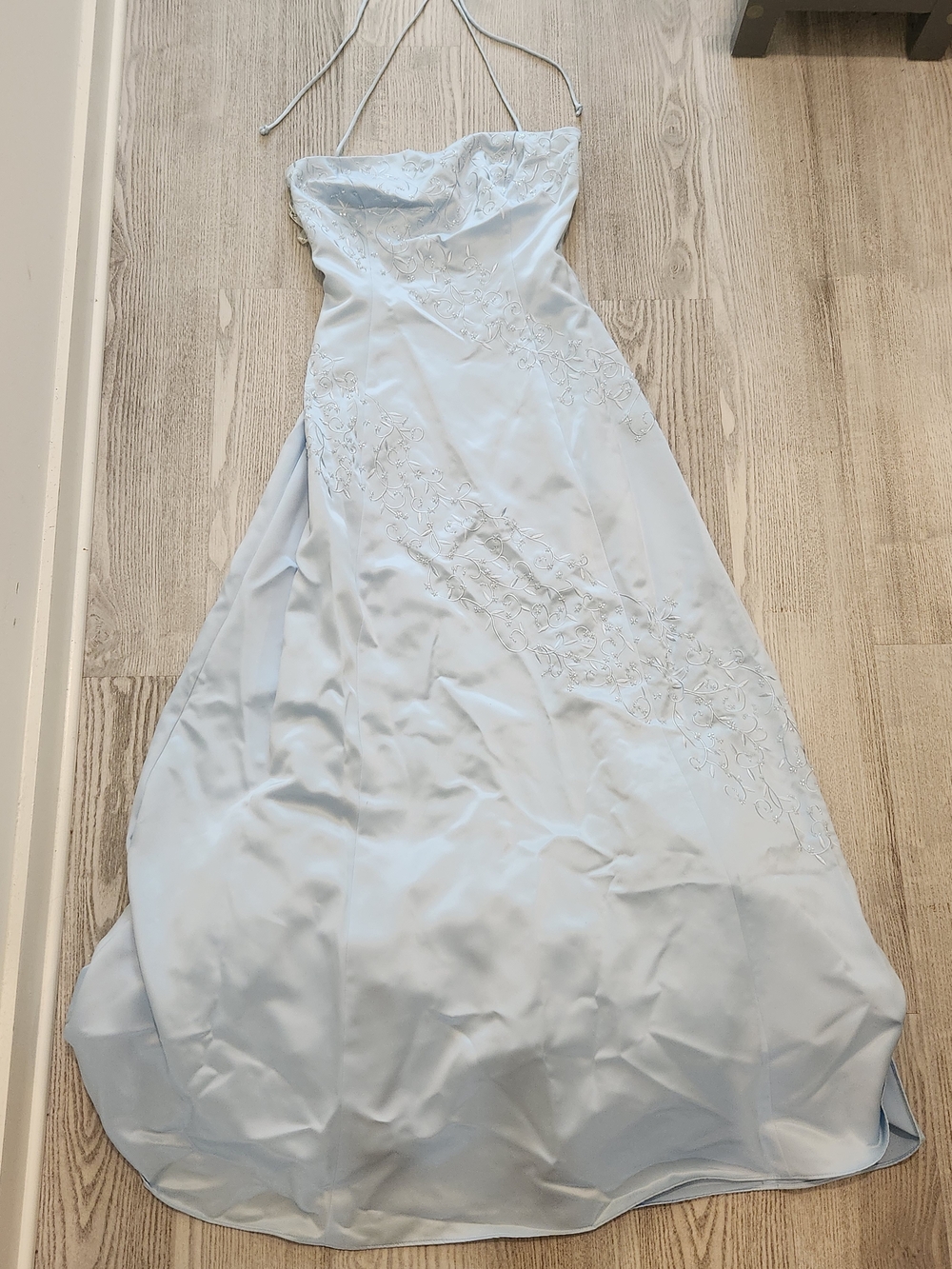 Light Blue Halter Embroidered Evening Gown